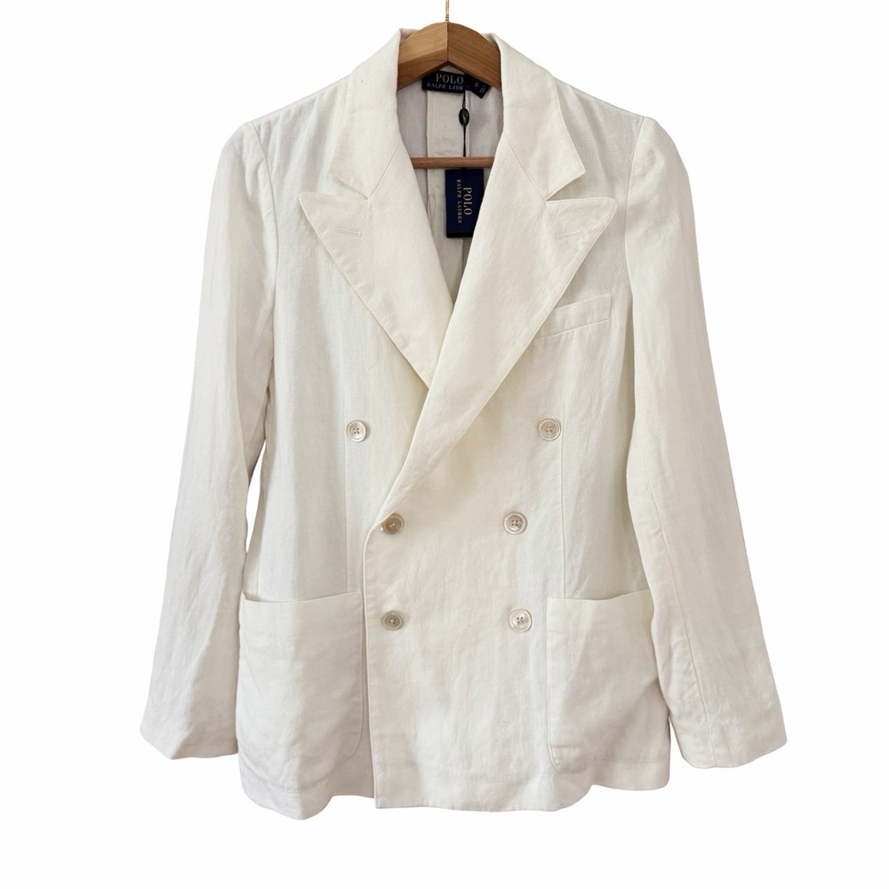 POLO Ralph Lauren Women Double Breasted Linen Blazer Size 6 White Coastal Preppy
